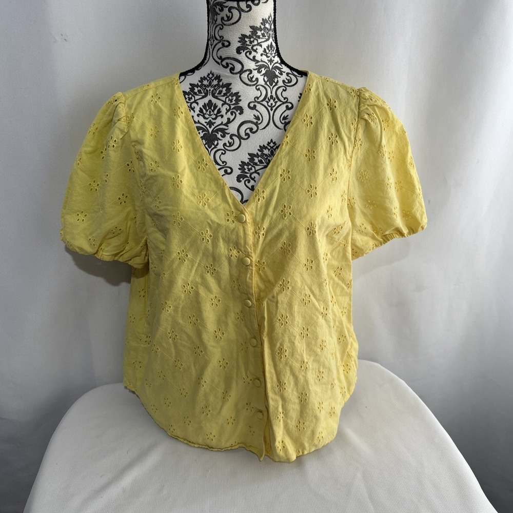 J. Crew Eyelet Top Women's Size L Button Shirt Emerald Yellow Puffed Sleeves